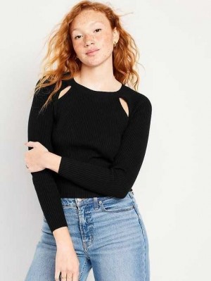 Cardigan Old Navy Bracelet-Sleeve Rib-Knit Cutwork Pull Femme Noir | 751-XEAKWT