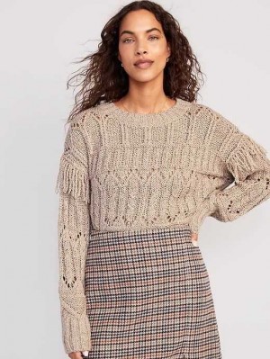 Cardigan Old Navy Textured Fringe Pullover Pull Femme Marron Clair | 481-BHUYFX