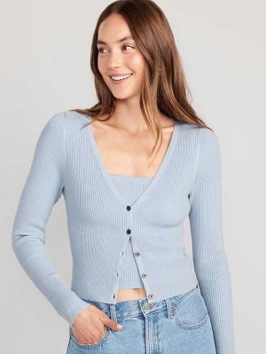 Cardigan Old Navy V-Neck Rib-Knit Cropped Cardigan Pull Femme Rock Pool | 897-MTBYRW