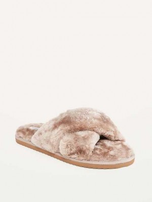 Chausson Old Navy Cozy Faux-Fur Cross-Brides Slippers Femme Play Clay | 526-FJNGIE