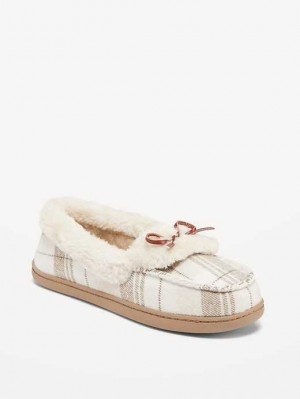 Chausson Old Navy Faux-Fur Trim Moccasin Slippers Femme Neutral Plaid | 734-XPGBHO