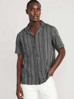Chemises Old Navy Corta-Sleeve Linen-Blend Camp Shirt Homme Noir Stripes | 018-SZHTNO