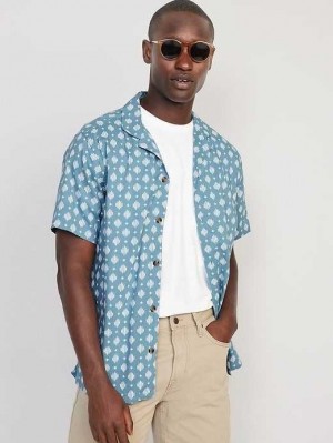 Chemises Old Navy Corta-Sleeve Printed Camp Shirt Homme Bleu | 803-ENKAWP