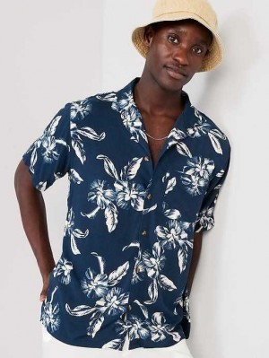 Chemises Old Navy Corta-Sleeve Printed Camp Shirt Homme Bleu Marine | 659-OYEAIJ