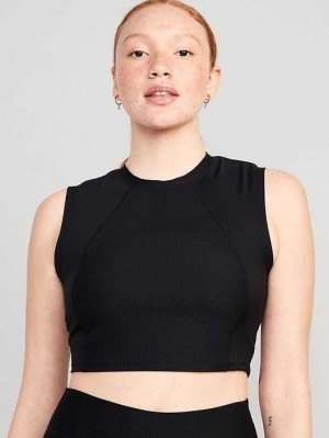 Haut Running Old Navy PowerSoft Sans Manches Rib-Knit Cropped T-Shirt Femme Noir | 314-DJXVMW