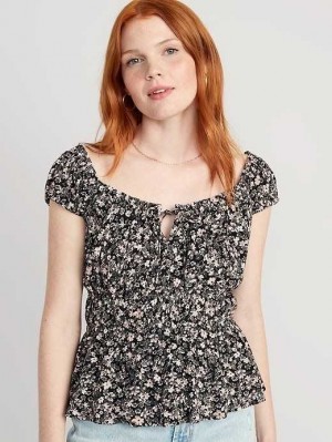 Hauts Old Navy Fitted Cap-Sleeve Smocked Crepe Top Femme Noir | 416-GIUDSK