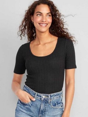 Hauts Old Navy Fitted Elbow-Sleeve Rib-Knit T-Shirt Femme Noir | 938-PKQSBN