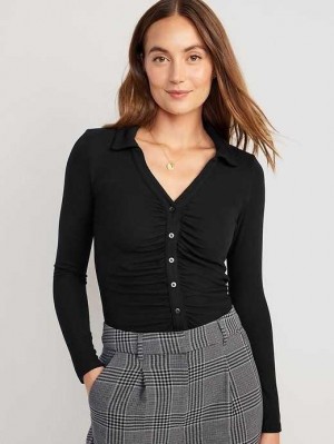 Hauts Old Navy Fitted Long-Sleeve Button-Front Top Femme Noir | 709-DMSNLQ