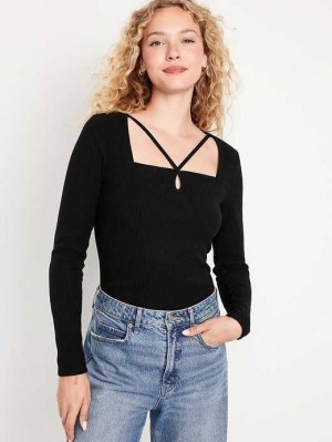 Hauts Old Navy Fitted Long-Sleeve Lanières Keyhole Top Femme Noir | 756-VRWXKZ