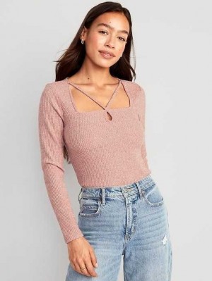 Hauts Old Navy Fitted Long-Sleeve Lanières Keyhole Top Femme Rose Clair | 064-UZHLWE
