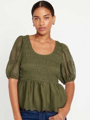 Hauts Old Navy Fitted Puff-Sleeve Smocked Chiffon Top Femme Conifer | 496-LGJRNK