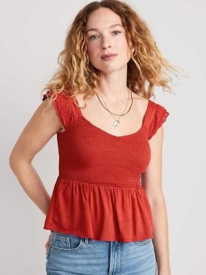 Hauts Old Navy Fitted Smocked Flutter-Sleeve Cutwork Top Femme Rouge | 601-TSOPVQ