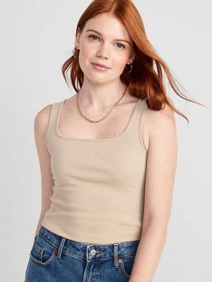 Hauts Old Navy Fitted Square-Neck Ultra-Cropped Rib-Knit Tank Top Femme Beige | 728-NZUXWE