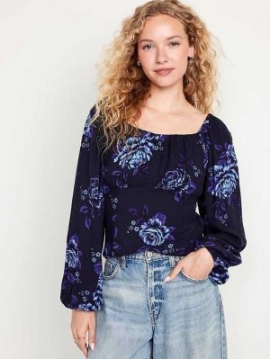 Hauts Old Navy Long-Sleeve Square-Neck Crepe Top Femme Bleu | 716-ONESCL
