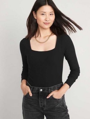 Hauts Old Navy Long-Sleeve Square-Neck Rib-Knit Bodysuit Femme Noir | 290-TIQKXS