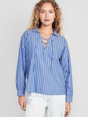 Hauts Old Navy Long-Sleeve Tie-Front Notch Collar Shirt Femme Bleu Stripes | 183-IFLSKV