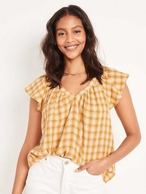 Hauts Old Navy Loose Check-Pattern Flutter-Sleeve Top Femme Jaune | 810-JDRWXS