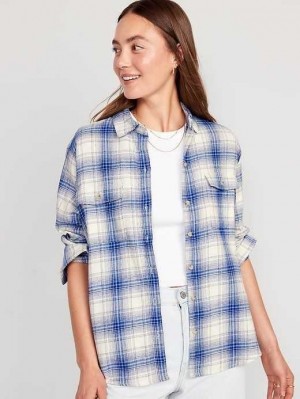 Hauts Old Navy Loose Flannel Shirt Femme Bleu Blanche | 462-CRIJYB