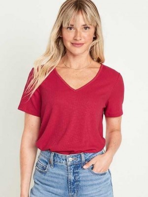 Hauts Old Navy Luxe V-Neck Nervuré Slub-Knit T-Shirt Femme Rouge | 908-JEAFQO