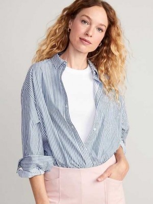 Hauts Old Navy Oversized Poplin Boyfriend Shirt Femme Bleu Stripes | 465-YUQHCN