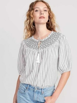 Hauts Old Navy Puff-Sleeve Rayé Smocked Embroidered Poet Blouse Femme Noir Blanche Stripes | 217-HJWCDR