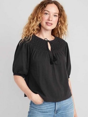 Hauts Old Navy Puff-Sleeve Tie-Front Embroidered Swing Top Femme Panthers | 651-QCWHLO