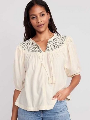 Hauts Old Navy Puff-Sleeve Tie-Front Embroidered Swing Top Femme Creme De La Creme | 506-XPWEKU
