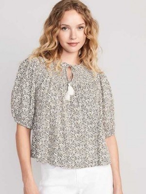 Hauts Old Navy Puff-Sleeve Tie-Front Embroidered Swing Top Femme Blanche | 478-TLNHCI