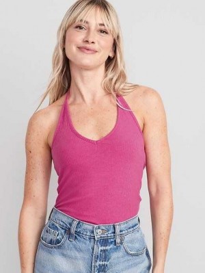 Hauts Old Navy Rib-Knit V-Neck Cropped Halter Top Femme Dragonfruit | 710-RZAGMW