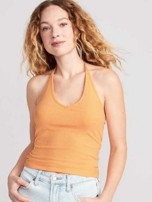 Hauts Old Navy Rib-Knit V-Neck Cropped Halter Top Femme Wild Papaya | 871-UTFPWC