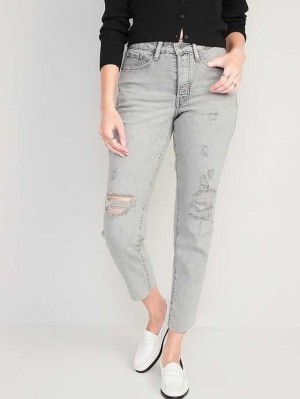 Jean Old Navy Curvy High-Waisted Button-Fly OG Droit Ripped Gray Jeans Femme Grise | 497-ZMEBLR