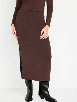 Jupes Old Navy High-Waisted Rib-Knit Shiny Maxi Skirt Femme Marron | 893-PKIYAR