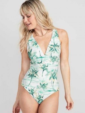 Maillots De Bain Old Navy Matching V-Neck One-Piece Swimsuit Femme Bleu | 751-HPOZRV