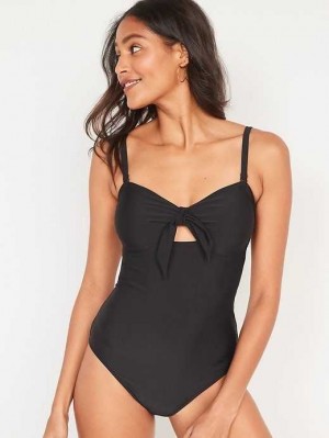 Maillots De Bain Old Navy Tie-Front Keyhole Bandeau-Style One-Piece Swimsuit Femme Ebony | 459-JHQFDG