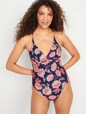 Maillots De Bain Old Navy V-Neck Ruffle-Trim Cutout One-Piece Swimsuit Femme Fleur | 740-PFVETL