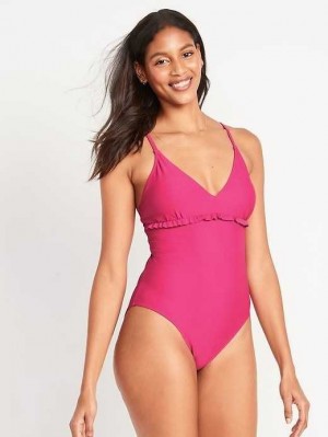 Maillots De Bain Old Navy V-Neck Ruffle-Trim Cutout One-Piece Swimsuit Femme Raspberry Tart | 570-IWCZPE