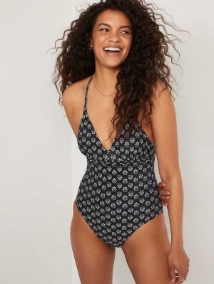 Maillots De Bain Old Navy V-Neck Ruffle-Trim Cutout One-Piece Swimsuit Femme Noir Fleur | 567-XZWUEL