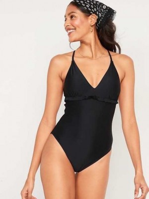 Maillots De Bain Old Navy V-Neck Ruffle-Trim Cutout One-Piece Swimsuit Femme Ebony | 283-JZEKYV