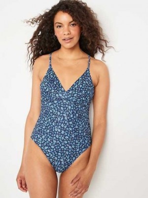 Maillots De Bain Old Navy V-Neck Ruffle-Trim Cutout One-Piece Swimsuit Femme Bleu | 192-LUCFRP