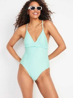 Maillots De Bain Old Navy V-Neck Ruffle-Trim Cutout One-Piece Swimsuit Femme Icelandic Fjord | 128-IAWSEB