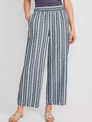 Pantalon Old Navy High-Waisted Rayé Linen-Blend Larges-Leg Pants Femme Bleu Stripes | 967-UHXBSW
