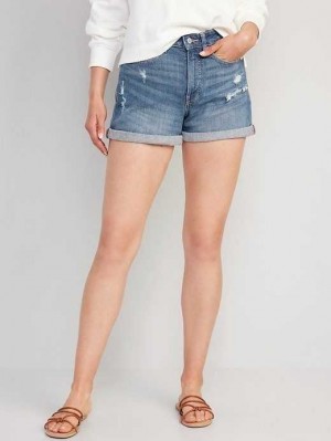 Pantalons Old Navy Curvy High-Waisted OG Droit Button-Fly Jean Shorts Femme Bleu | 236-VBCWXG