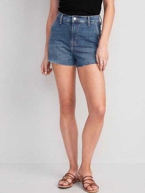 Pantalons Old Navy Higher High-Waisted Sky-Hi A-Line Cut-Off Workwear Jean Shorts Femme Bleu | 693-QJYZNH