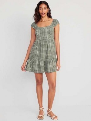 Peignoir Old Navy Fit & Flare Cap-Sleeve Plaid Smocked Mini Robe Femme Blanche Vert | 763-PYBHNQ