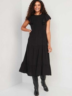 Peignoir Old Navy Fit & Flare Flutter-Sleeve Tiered Smocked Midi Robe Femme Noir | 032-VZKAHI