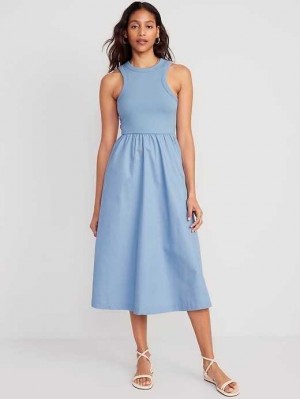 Peignoir Old Navy Fit & Flare High-Neck Combination Midi Robe Femme Bleu | 452-LBDVKR