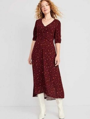 Peignoir Old Navy Puff-Sleeve V-Neck Crepe Midi Robe Femme Bordeaux | 584-GNDZMB