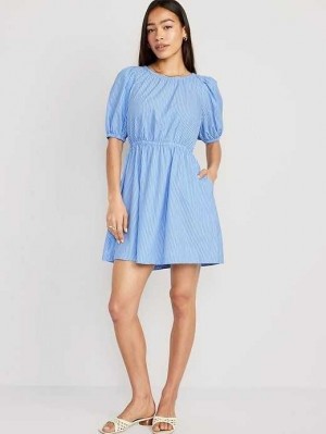 Peignoir Old Navy Taille-Defined Puff-Sleeve Rayé Coton-Poplin Mini Robe Femme Bleu Stripes | 614-SQDXRY