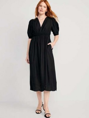 Peignoir Old Navy Taille-Defined V-Neck Shirred Midi Robe Femme Noir | 602-GIXJAZ