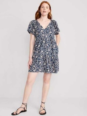 Peignoir Old Navy V-Neck Tiered Floral Mini Swing Robe Femme Bleu | 756-LUPWOQ